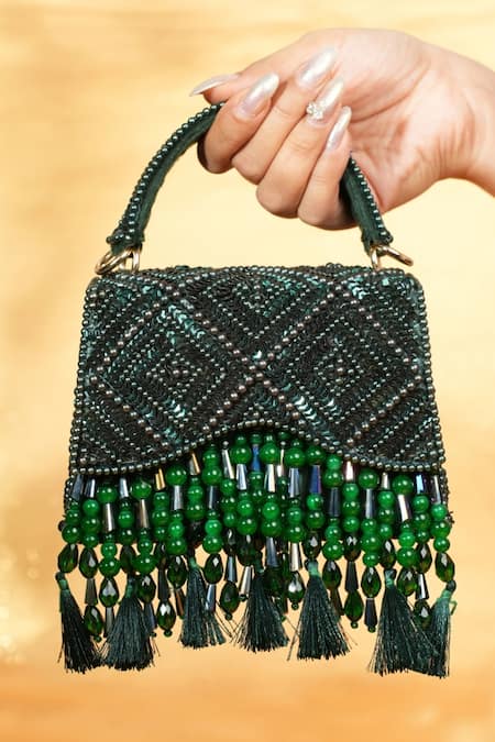 House Of Kosha Green Sequins, Beads, Tassels Elara Suede Box Bag 