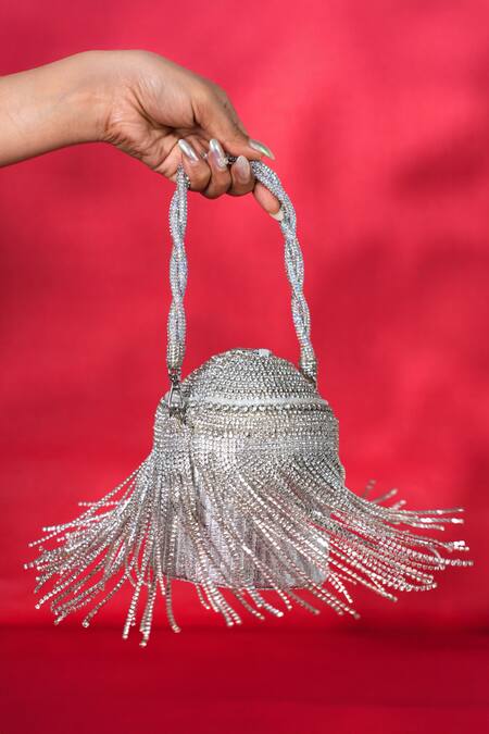 Shop House Of Kosha Silver Rhinestones Glitz Bucket Bag at Aza Fashions Shop_House Of Kosha_Silver Rhinestones Glitz Bucket Bag _at_Aza_Fashions