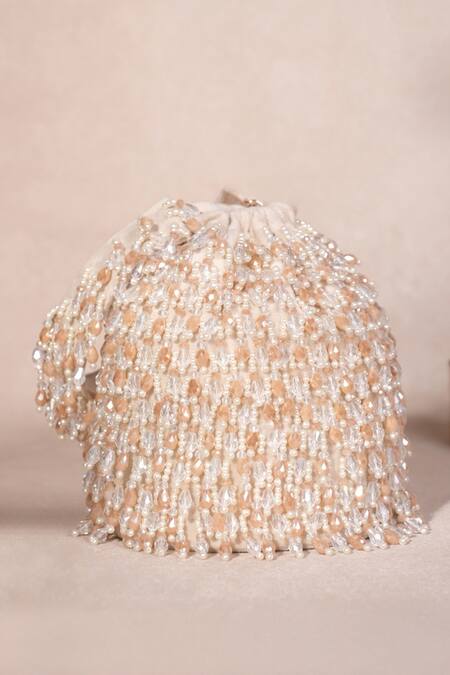 House Of Kosha Ivory Crystals, Beads Kelly Pastel Suede Bucket Bag at Aza Fashions House Of Kosha_Ivory Crystals, Beads Kelly Pastel Suede Bucket Bag _at_Aza_Fashions