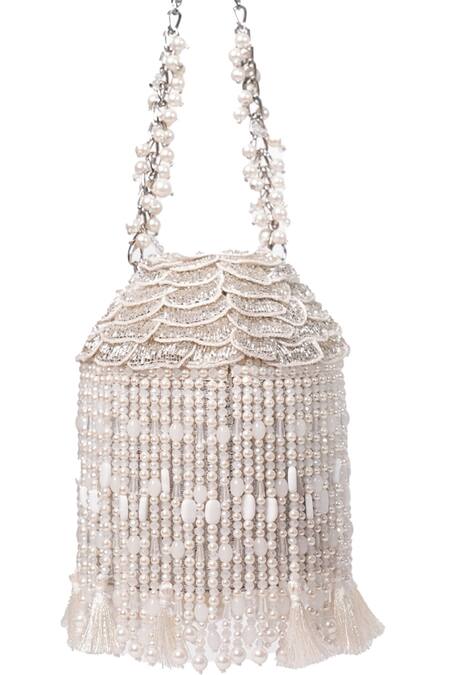 Shop House Of Kosha Ivory Embroidery, Tassels, Beads Suede Embellished Bucket Bag Online at Aza Fashions Shop_House Of Kosha_Ivory Embroidery, Tassels, Beads Suede Embellished Bucket Bag _Online_at_Aza_Fashions