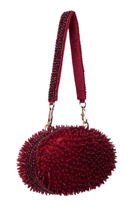 Shop_House Of Kosha_Maroon Celeste Suede Embellished Clutch_Online_at_Aza_Fashions