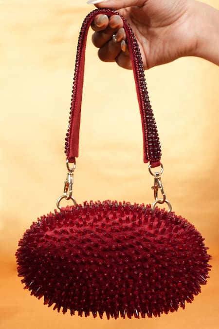 House of Kosha Celeste Maroon Suede Embellished Clutch 