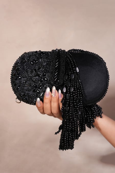 Shop House Of Kosha Black Beads, Zari, Tassels Suede Embellished Clutch Bag at Aza Fashions Shop_House Of Kosha_Black Beads, Zari, Tassels Suede Embellished Clutch Bag _at_Aza_Fashions
