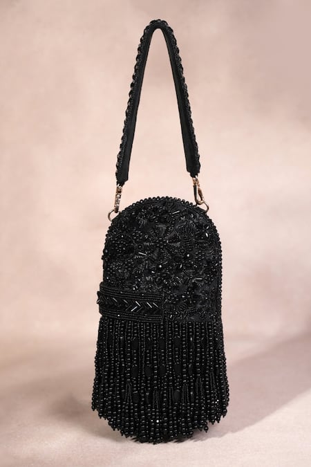 House Of Kosha Black Beads, Zari, Tassels Suede Embellished Clutch Bag 