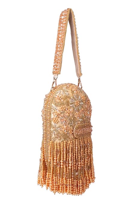 House Of Kosha Golden Suede Embellished Clutch Bag 