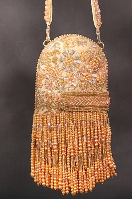 Shop House Of Kosha Gold Beads, Zari, Tassels, Cut Work Suede Embellished Clutch Bag at Aza Fashions Shop_House Of Kosha_Gold Beads, Zari, Tassels, Cut Work Suede Embellished Clutch Bag _at_Aza_Fashions
