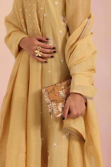 House Of Kosha_Gold Beads, Sequins, Crystals Suede Embellished Clutch _Online_at_Aza_Fashions