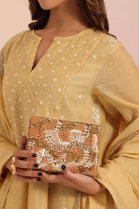 House Of Kosha Gold Beads, Sequins, Crystals Suede Embellished Clutch 