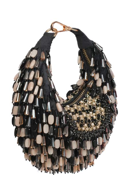 House Of Kosha_Black Beads, Crystals Alara Pastel Suede Hobo Bag _Online_at_Aza_Fashions
