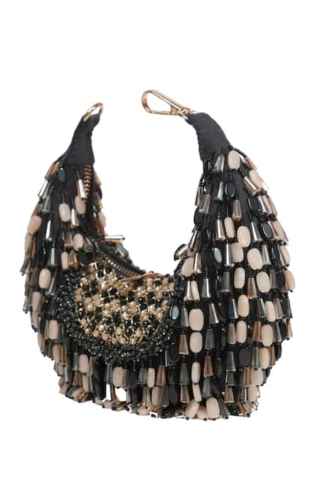 Buy_House Of Kosha_Black Beads, Crystals Alara Pastel Suede Hobo Bag _Online_at_Aza_Fashions