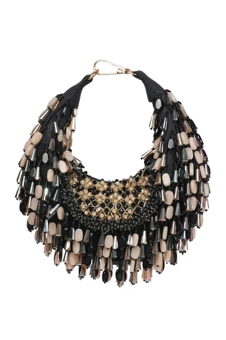 Shop_House Of Kosha_Black Beads, Crystals Alara Pastel Suede Hobo Bag _Online_at_Aza_Fashions