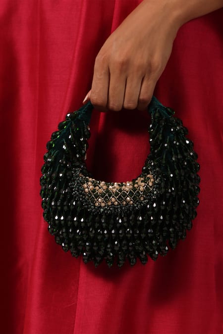 House Of Kosha_Green Crystals Alara Suede Embellished Hobo Bag _Online_at_Aza_Fashions