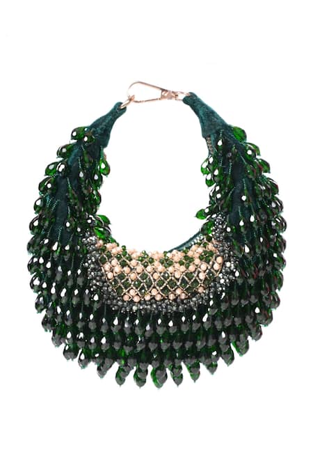 Buy_House Of Kosha_Green Crystals Alara Suede Embellished Hobo Bag _Online_at_Aza_Fashions