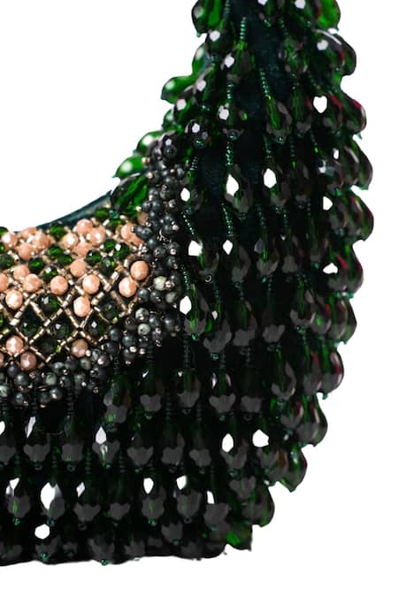 House Of Kosha_Green Crystals Alara Suede Embellished Hobo Bag _at_Aza_Fashions