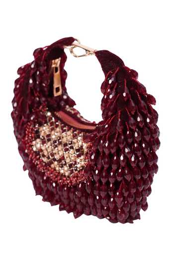 Shop House Of Kosha Maroon Beads, Crystals Suede Embellished Hobo Bag Online at Aza Fashions Shop_House Of Kosha_Maroon Beads, Crystals Suede Embellished Hobo Bag _Online_at_Aza_Fashions