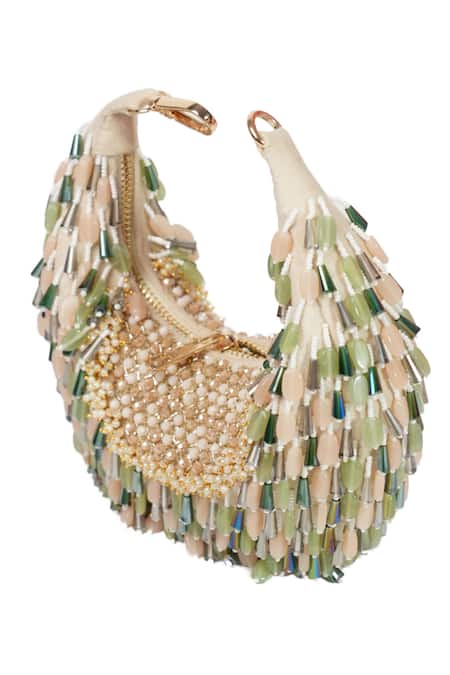 House Of Kosha_Green Beads, Crystals Alara Pastel Suede Hobo Bag _Online_at_Aza_Fashions