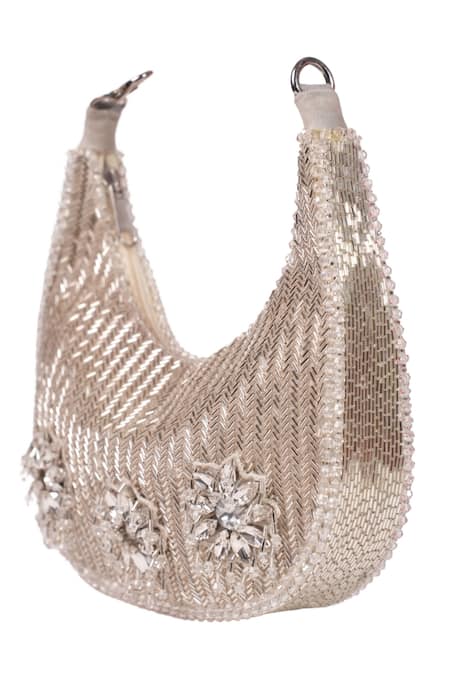 Shop House Of Kosha Silver Embroidery, Tassels Elina Suede Hobo Bag at Aza Fashions Shop_House Of Kosha_Silver Embroidery, Tassels Elina Suede Hobo Bag _at_Aza_Fashions
