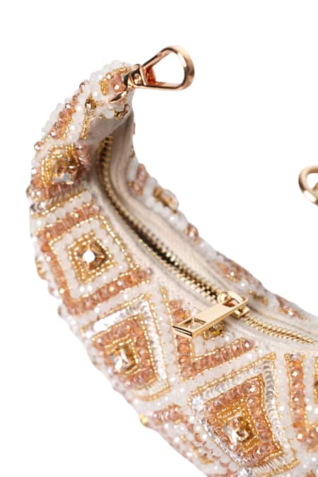 Buy_House Of Kosha_White Beads, Crystals Golden Pastel Suede Hobo Bag _Online_at_Aza_Fashions