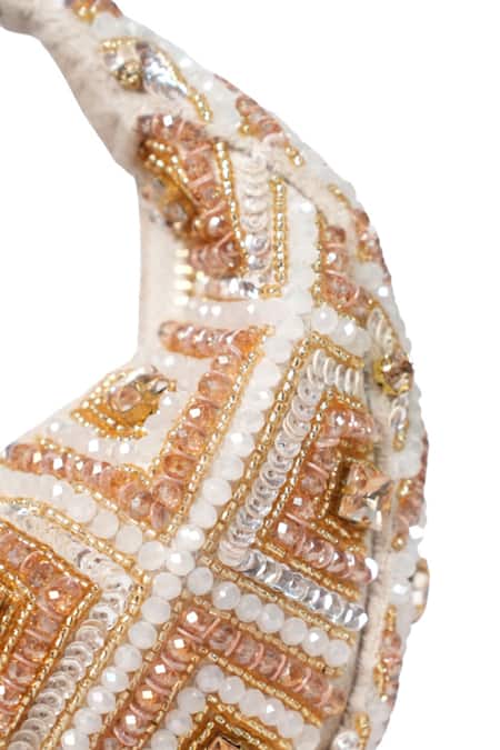 Shop_House Of Kosha_White Beads, Crystals Golden Pastel Suede Hobo Bag _Online_at_Aza_Fashions