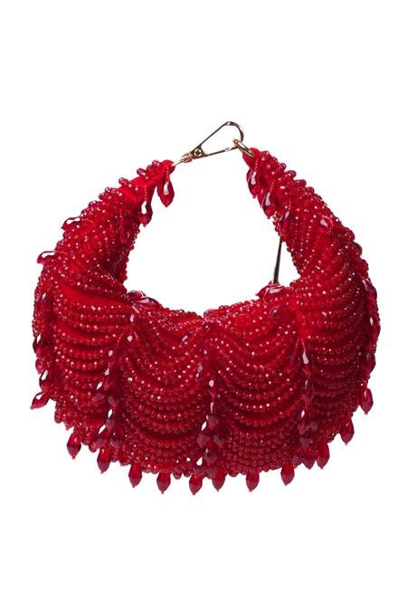 House Of Kosha_Red Beads, Crystals Liona Suede Embellished Hobo Bag _Online_at_Aza_Fashions