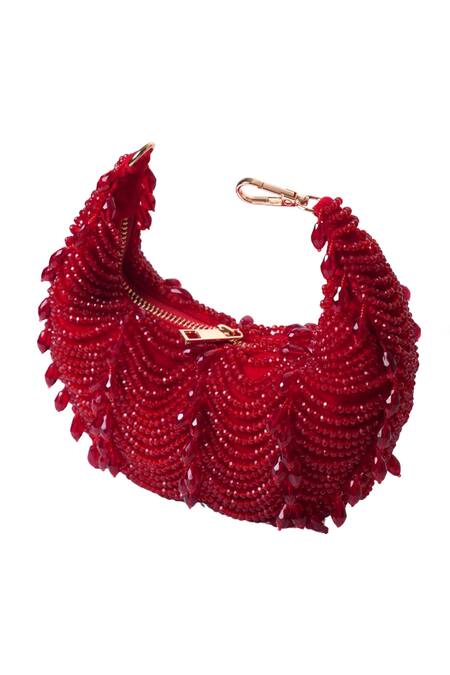 Buy_House Of Kosha_Red Beads, Crystals Liona Suede Embellished Hobo Bag _Online_at_Aza_Fashions