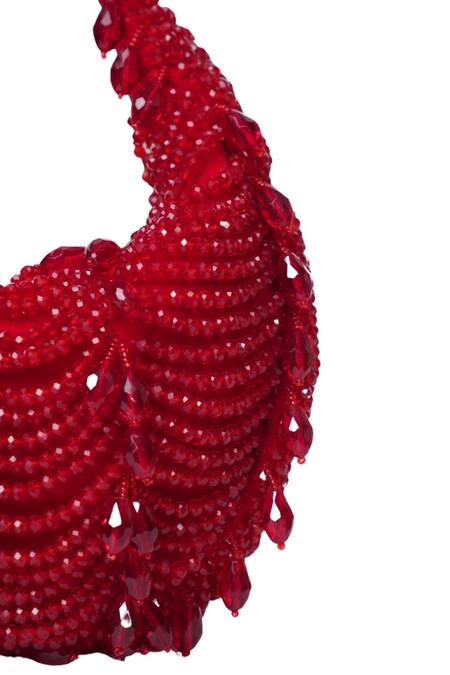 Shop_House Of Kosha_Red Beads, Crystals Liona Suede Embellished Hobo Bag _Online_at_Aza_Fashions