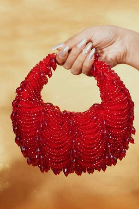 House Of Kosha Liona Red Suede Embellished Hobo Bag 