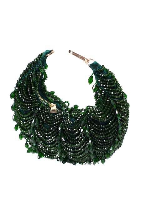 Buy_House Of Kosha_Green Beads, Crystals Liona Suede Embellished Hobo Bag _Online_at_Aza_Fashions