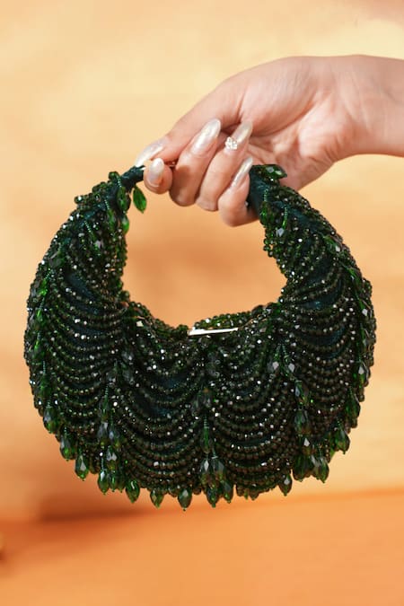 House Of Kosha Liona Green Suede Embellished Hobo Bag 