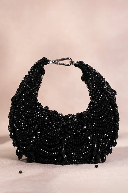 Shop House Of Kosha Black Beads Liona Suede Embellished Hobo Bag at Aza Fashions Shop_House Of Kosha_Black Beads Liona Suede Embellished Hobo Bag _at_Aza_Fashions