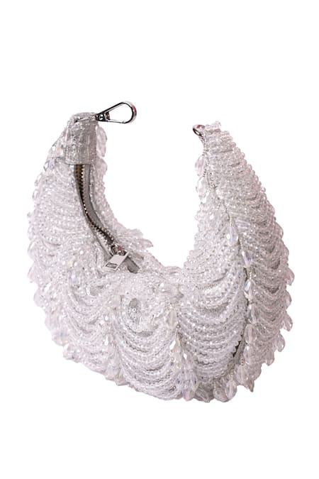 House Of Kosha_Silver Beads, Crystals Suede Embellished Hobo Bag _Online_at_Aza_Fashions