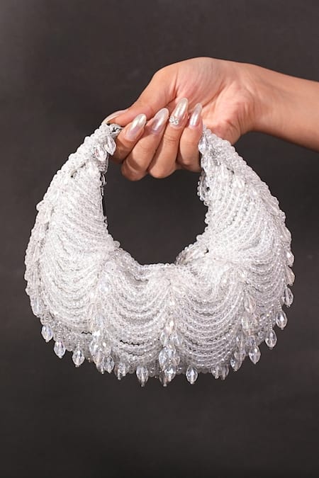 House Of Kosha Silver Suede Embellished Hobo Bag 