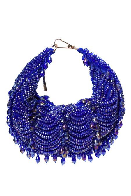House Of Kosha Blue Beads, Crystals Royal Suede Embellished Hobo Bag Online at Aza Fashions House Of Kosha_Blue Beads, Crystals Royal Suede Embellished Hobo Bag _Online_at_Aza_Fashions