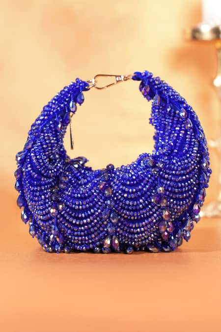 House Of Kosha Royal Blue Suede Embellished Hobo Bag 