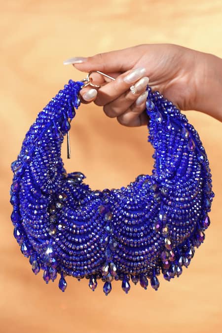 House Of Kosha Royal Blue Suede Embellished Hobo Bag 