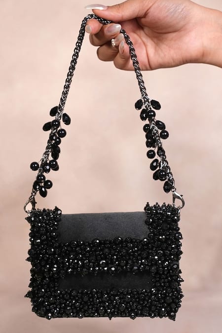 House Of Kosha Elana Black Suede Crystal Mini Clutch Bag 