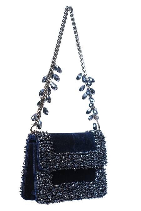 Buy_House Of Kosha_Navy Crystals Embellished Blue Clutch Bag _Online_at_Aza_Fashions