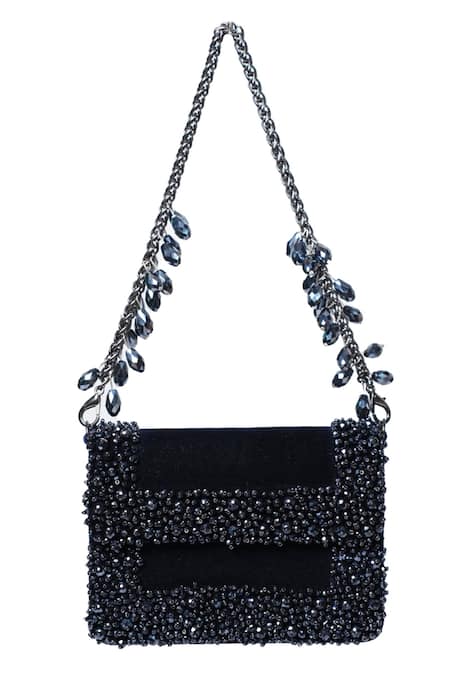 Shop_House Of Kosha_Navy Crystals Embellished Blue Clutch Bag _Online_at_Aza_Fashions