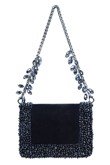 House Of Kosha_Navy Crystals Embellished Blue Clutch Bag _at_Aza_Fashions