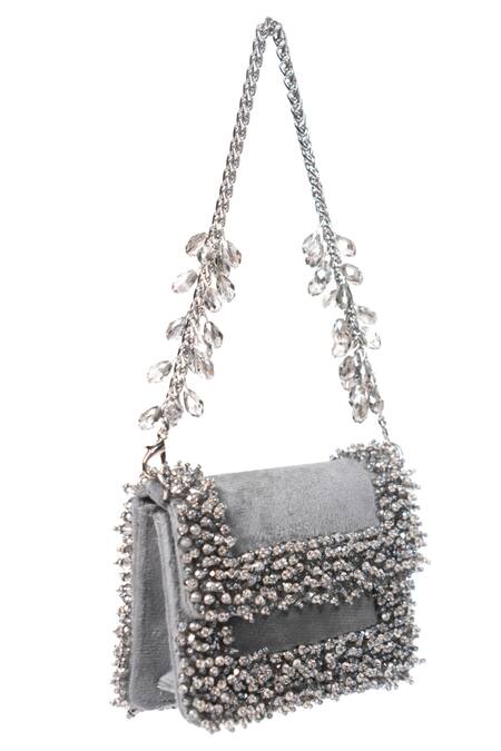 House Of Kosha_Gray Crystals Elana Grey Suede Mini Clutch Bag _Online_at_Aza_Fashions