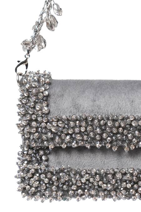 Shop_House Of Kosha_Gray Crystals Elana Grey Suede Mini Clutch Bag _Online_at_Aza_Fashions