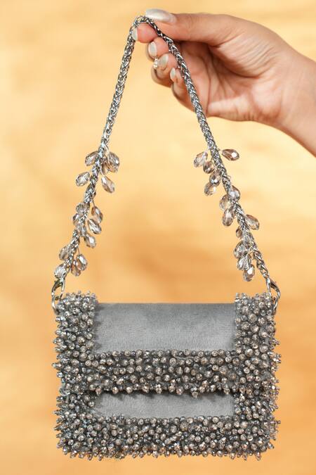 House Of Kosha Elana Grey Suede Crystal Mini Clutch Bag 
