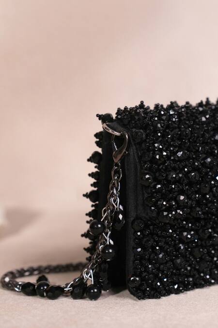 House Of Kosha_Black Crystals Kiyara Suede Clutch Bag _at_Aza_Fashions