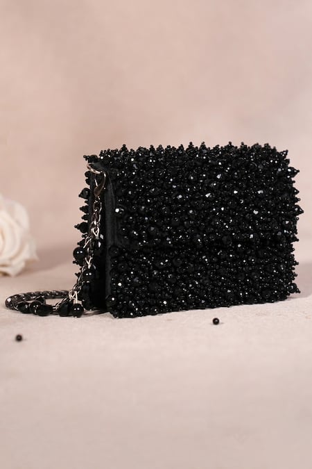 House Of Kosha Kiyara Black Suede Crystal Clutch Bag 