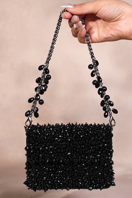 House Of Kosha Kiyara Black Suede Crystal Clutch Bag 