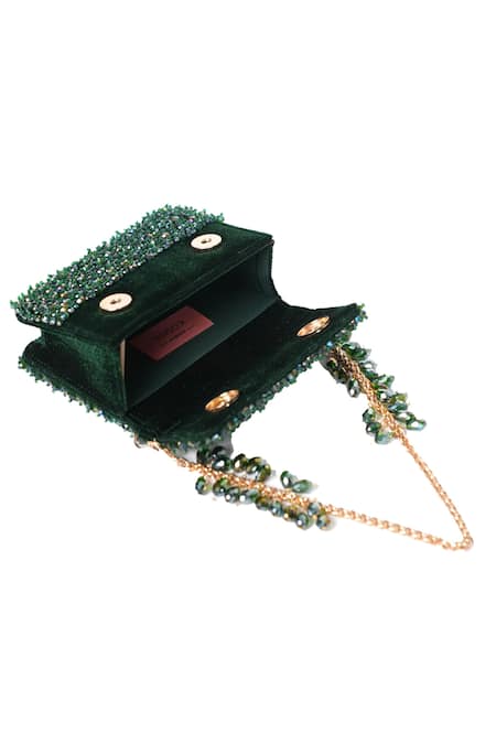 House Of Kosha_Green Crystals Kiyara Suede Mini Clutch Bag _Online_at_Aza_Fashions
