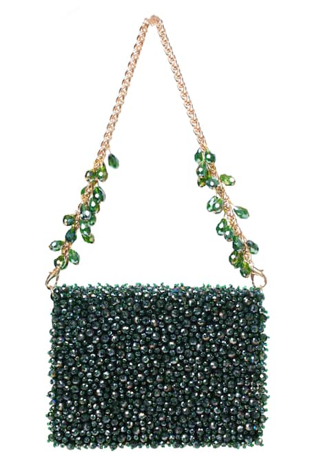 Buy_House Of Kosha_Green Crystals Kiyara Suede Mini Clutch Bag _Online_at_Aza_Fashions