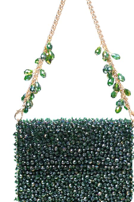 Shop_House Of Kosha_Green Crystals Kiyara Suede Mini Clutch Bag _Online_at_Aza_Fashions