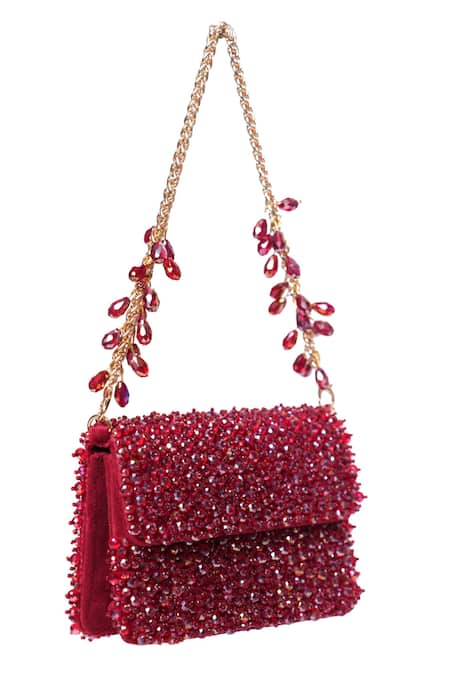 House Of Kosha_Maroon Crystals Kiyara Suede Mini Clutch _Online_at_Aza_Fashions