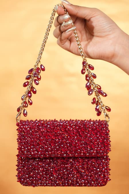 House Of Kosha Kiyara Maroon Suede Crystal Mini Clutch 